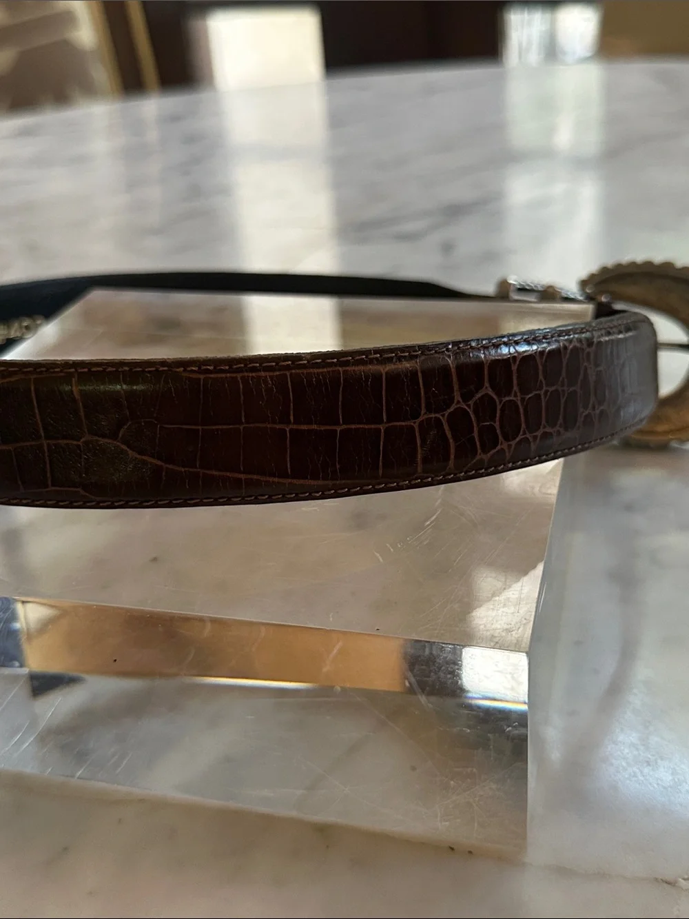 Vicenza Genuine Italian Calfskin. Brown Crocodile Embossed. Silver Tone Buckles.